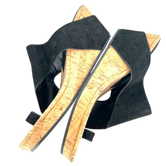 Donald Pliner Gyer Black Metallic Leather Cork Wedge Sandals Size 8.5 - Picture 8 of 12